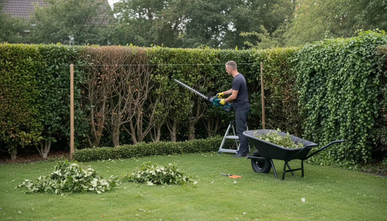 Hækkeklipning af liguster i et hjørne med friske afklip på græsset og efeu i baggrunden.