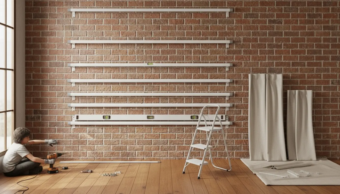 Nærbillede af opsætning af fem Trippevals-gardiner på en ensartet murstensvæg med værktøj og hænder i arbejde.