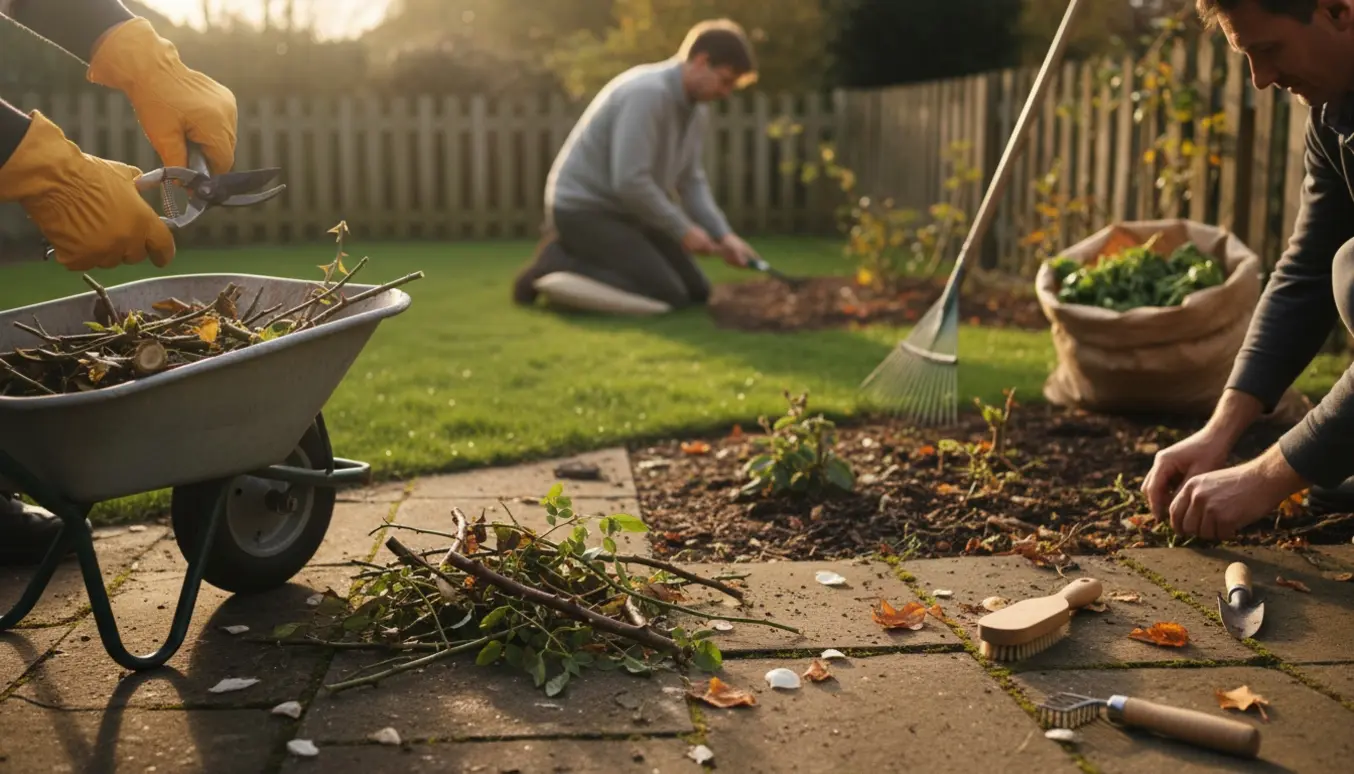 Glatte handsker klipper roser og fjerner ukrudt mellem fliser i en have, klar til vinter.