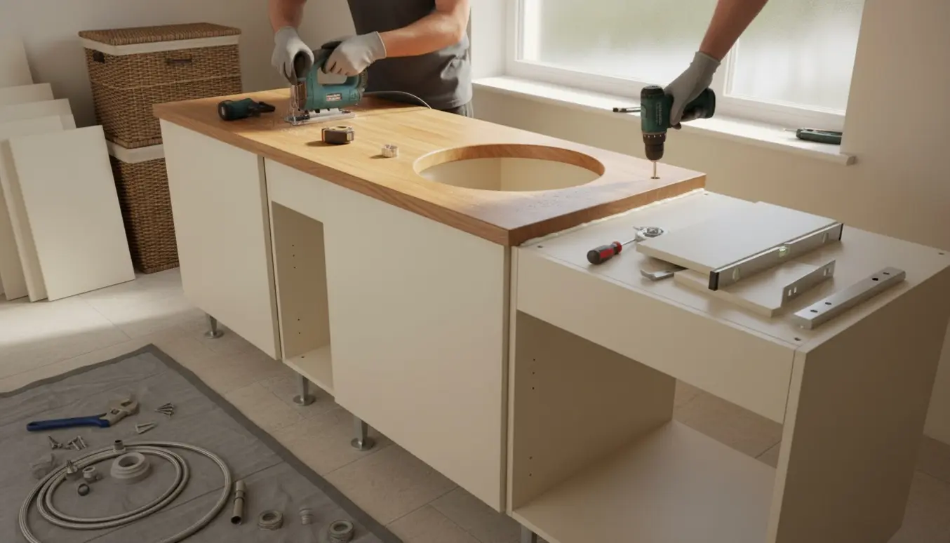 Installation af træbordplade og lyse underskabe i bryggers med håndværkerhænder og værktøj.