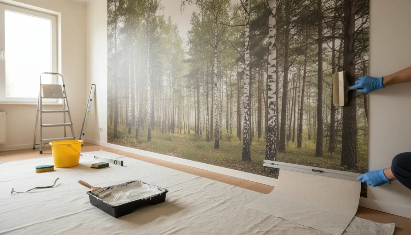 Fem non-woven tapetpaneler med skovmotiv opsat og trimmet på en væg, værktøj og lim i forgrunden.