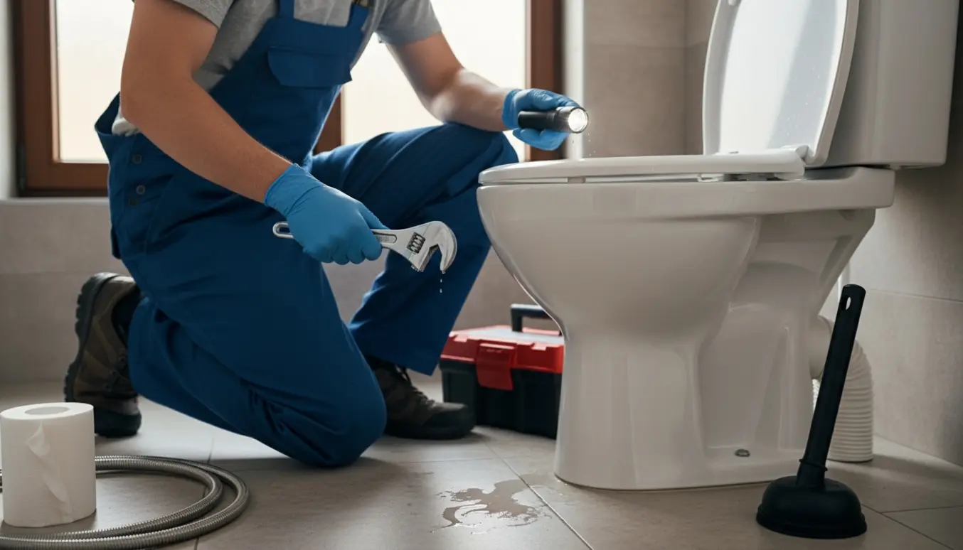 En VVS-tekniker undersøger toiletcisternen med værktøj i et lyst, moderne badeværelse.