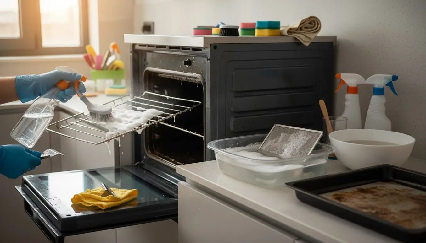 Hænder i gummihandsker rengør en åben ovn, mens et emhættefilter ligger i blød på køkkenbordet.