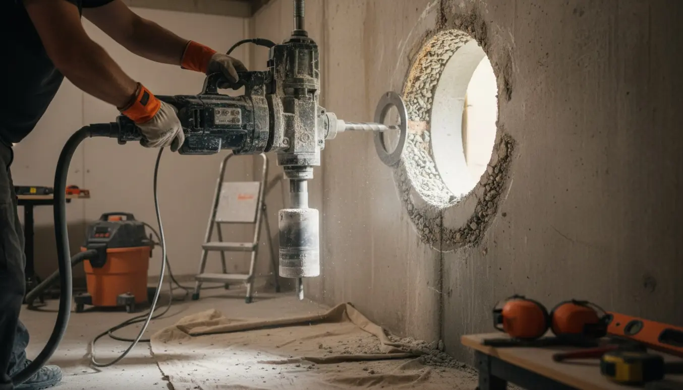 Nærbillede af diamantbor, værktøj og et delvist udskåret hul i en tyk betonsokkel til ventilationsskakt.