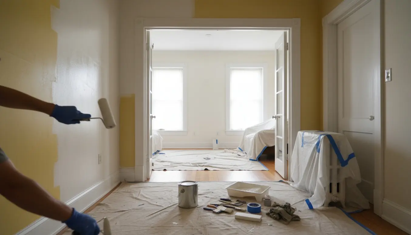Maler påbegynder spærregrunder i nikotinplettede stuer med afdækning og malerværktøj.