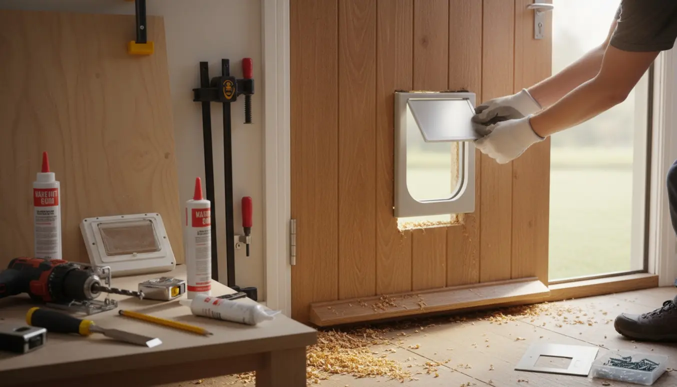 Nærbillede af hænder, der monterer en større kattelem i en trædør med værktøj og savspåner omkring.