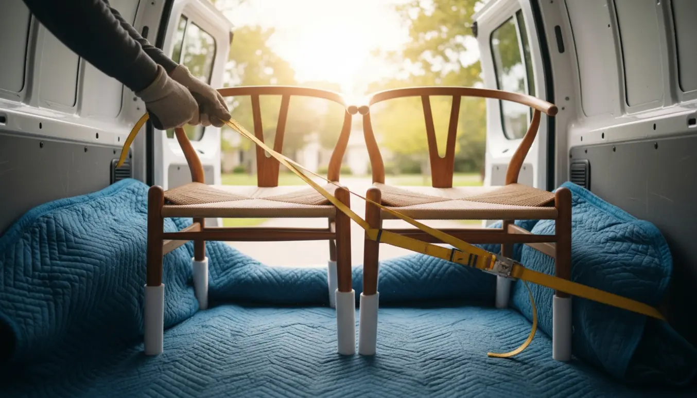 To Wegner Y-stole pakket i flyttetæpper og sikret i varevognens bagagerum.