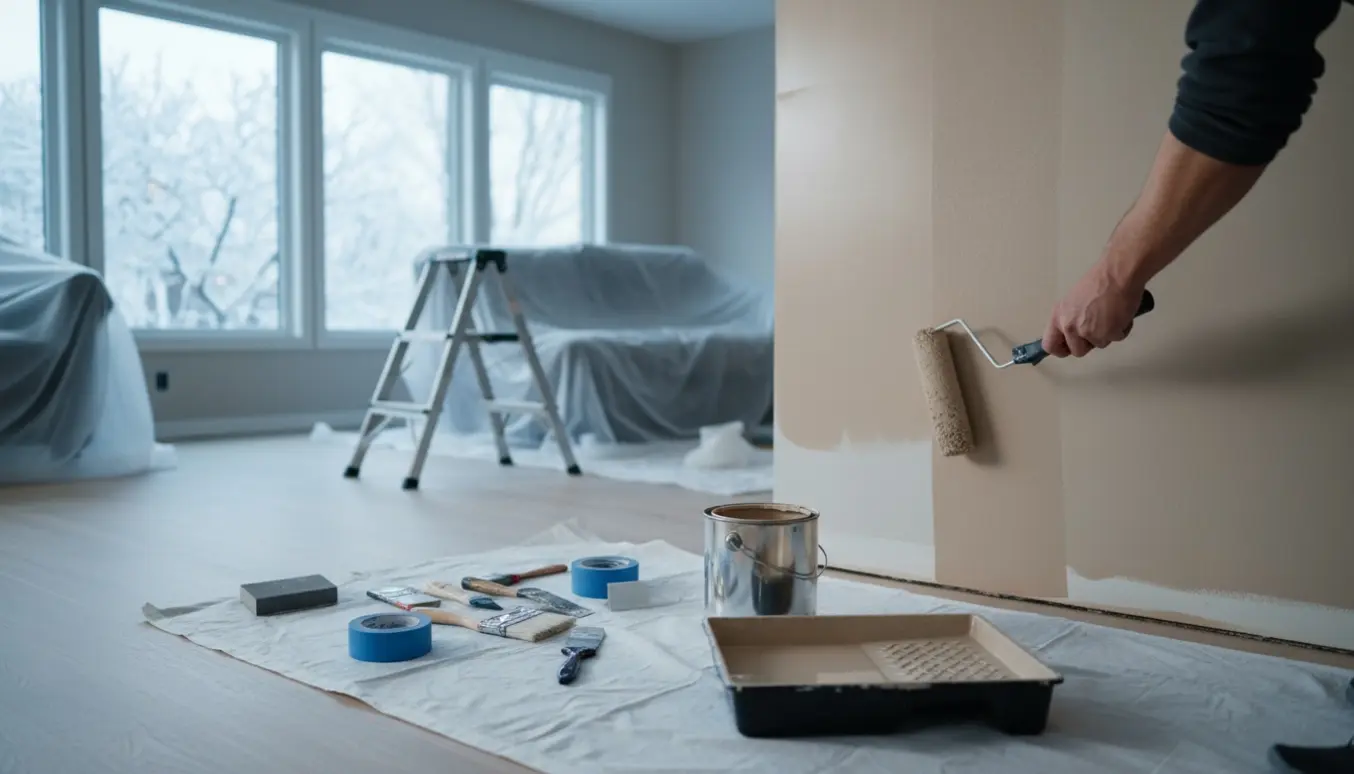Nærbillede af en maler, der ruller hvid maling på en væg i en ny bolig med malergrej i forgrunden.
