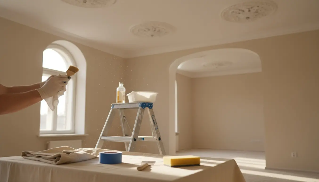 Hands vasker en original gipsroset i en lys lejlighed med fire rosetter synlige.