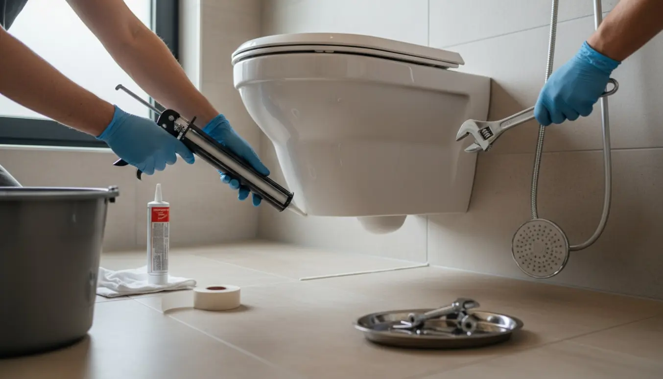 Nærbillede af hænder, der fuge omkring et nyt hængetoilet, mens en anden hånd efterstrammer en løs bruser i et flisebadeværelse.