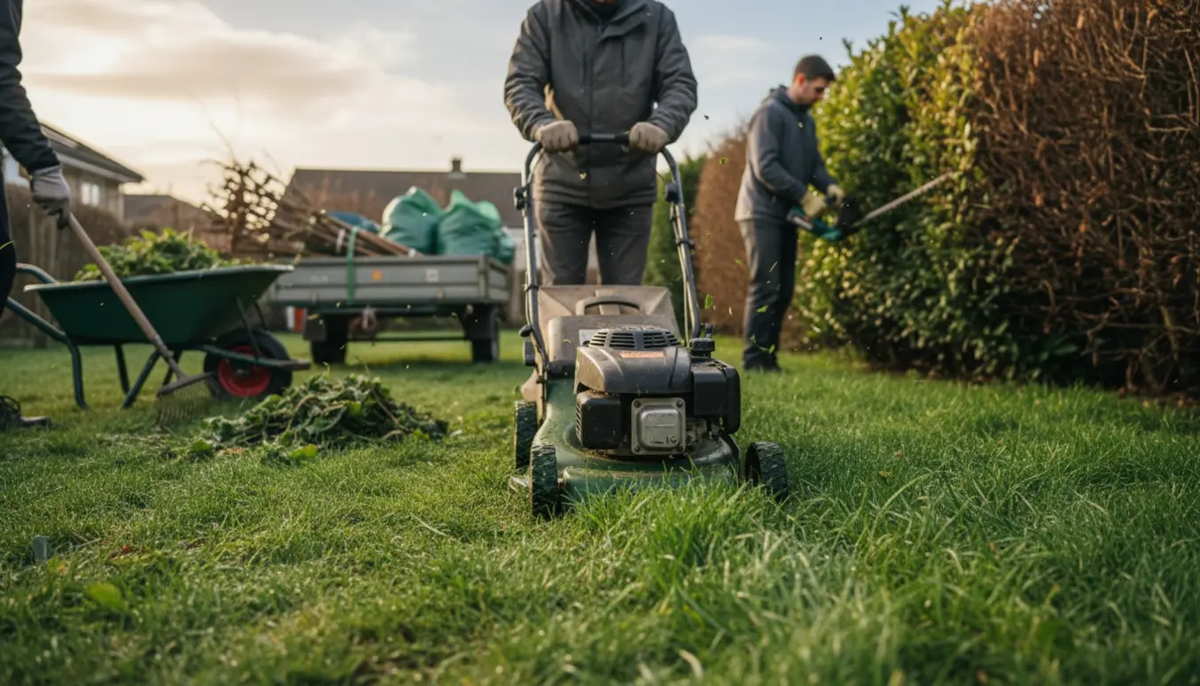Langt græs klippes, hæk og buske trimmes, og grøntaffald samles klar til bortkørsel i haven.