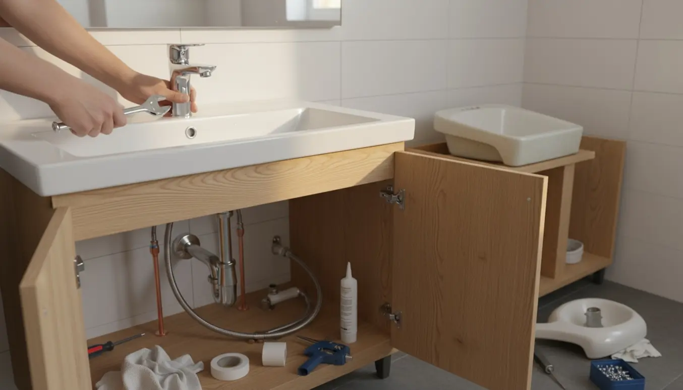 Nærbillede af hænder, der monterer en ny porcelænshåndvask og kromarmatur i et lyst badeværelse.