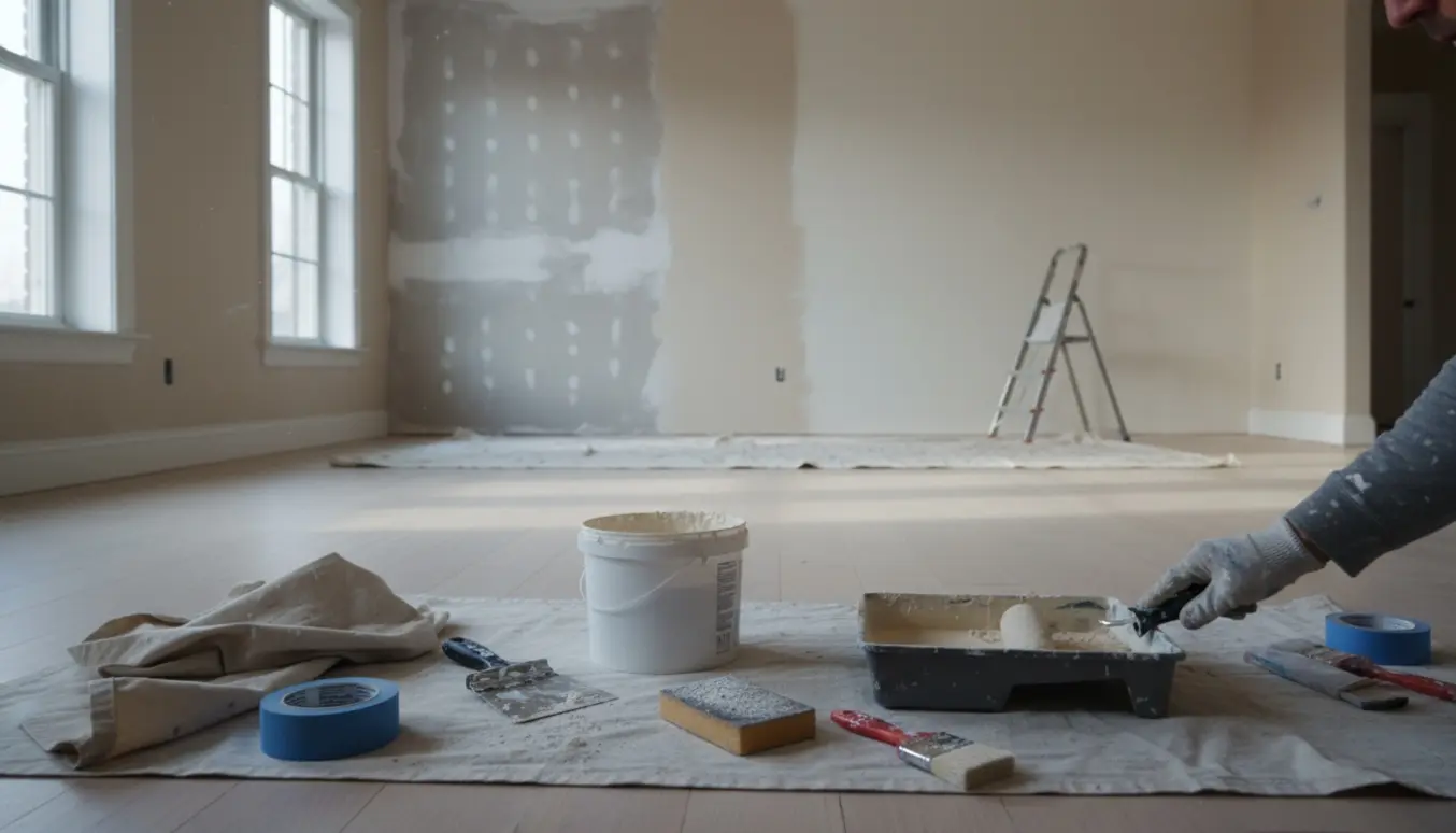 Indendørs nyt hus under maling med spartlede vægge, malerredskaber og delvist nymalet væg i blødt vinterlys.