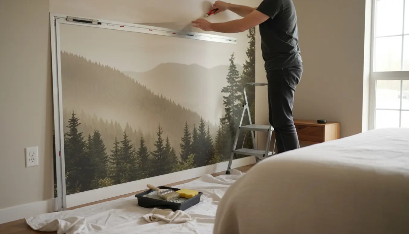 Hænder monterer og tilskærer et stort fototapet på en soveværelsesvæg med værktøj og naturligt lys.