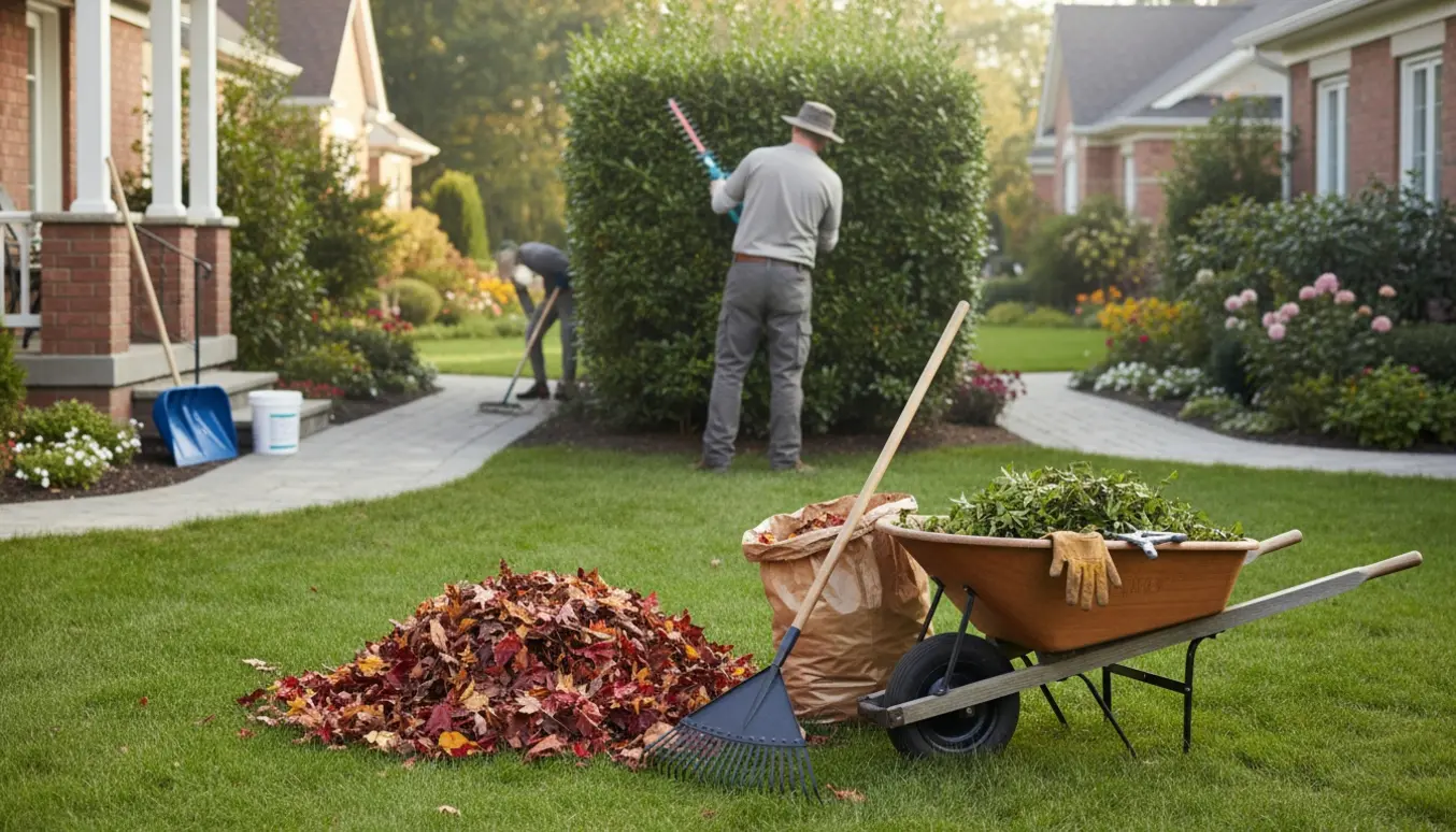 Hækklipning og bladopsamling i forhave med haveredskaber synlige.
