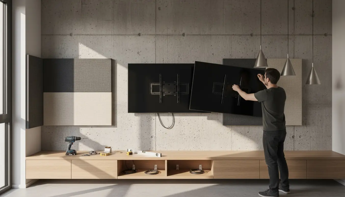 Ny lejlighed med betonvæg, akustikpaneler og TV samt indbygget tv-bord under montering.