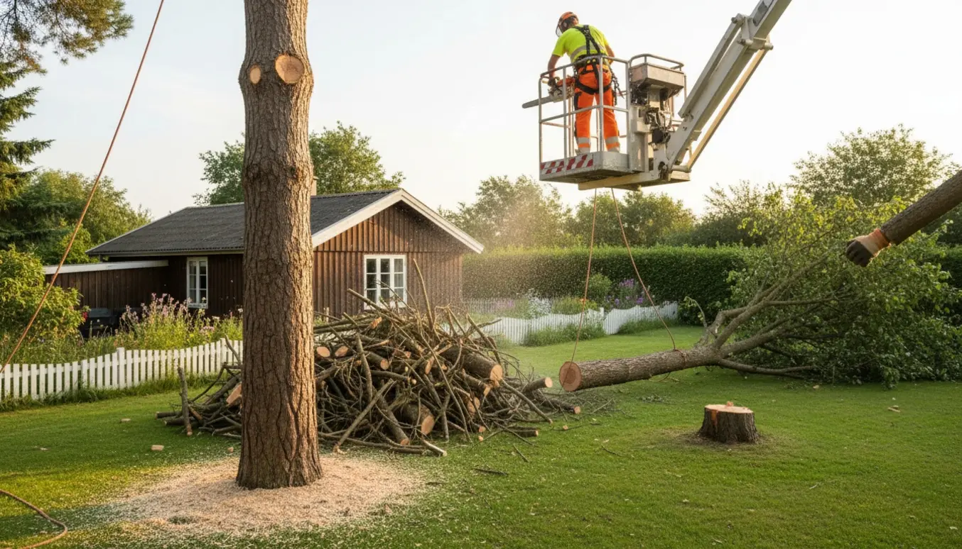 Arborist topper og fælder træer på en sommerhusgrund med skårne grene og savsmuld på græsset.