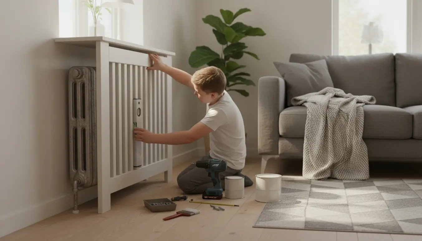 En håndværker monterer en hvid træ-radiatorskjuler i en lys og hyggelig stue uden at vise ansigtet.