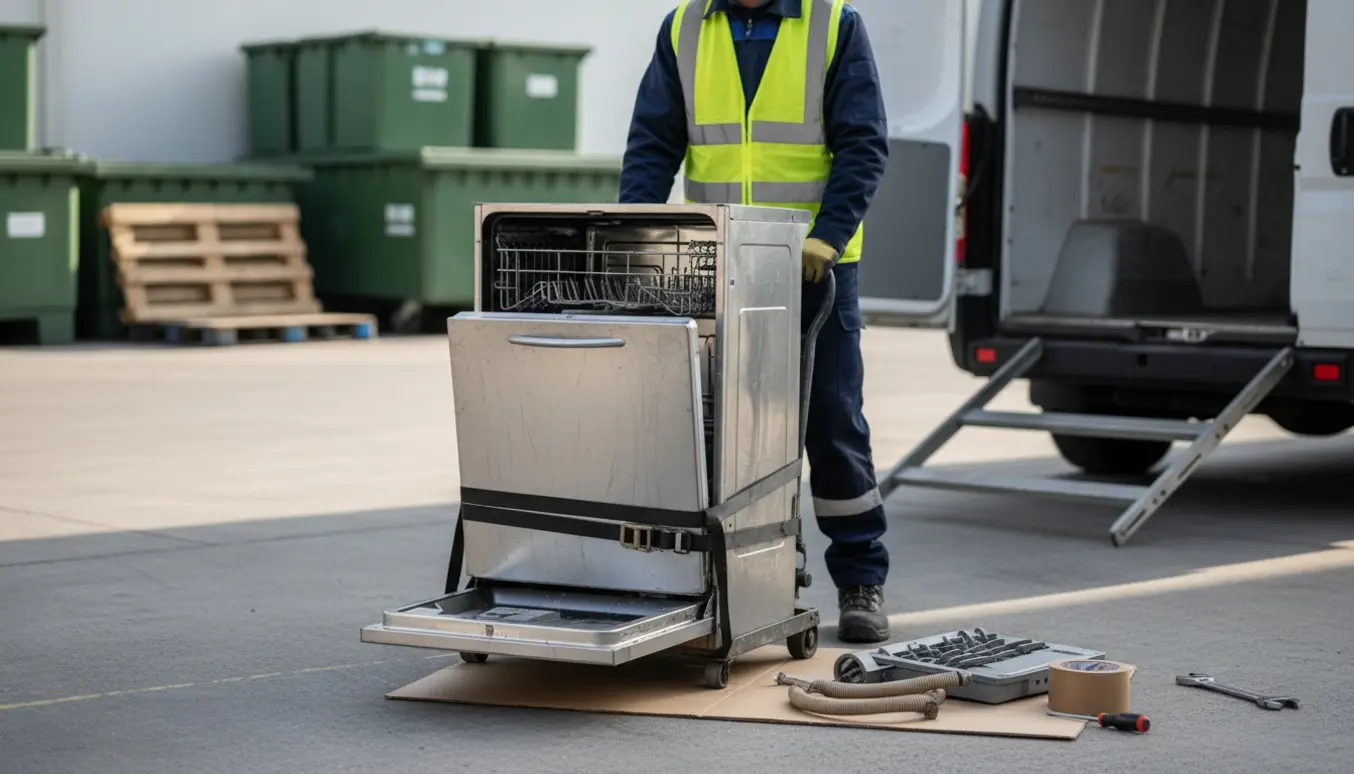 En tekniker læsser en bulket opvaskemaskine på en handtruck ved en genbrugsplads, set bagfra.