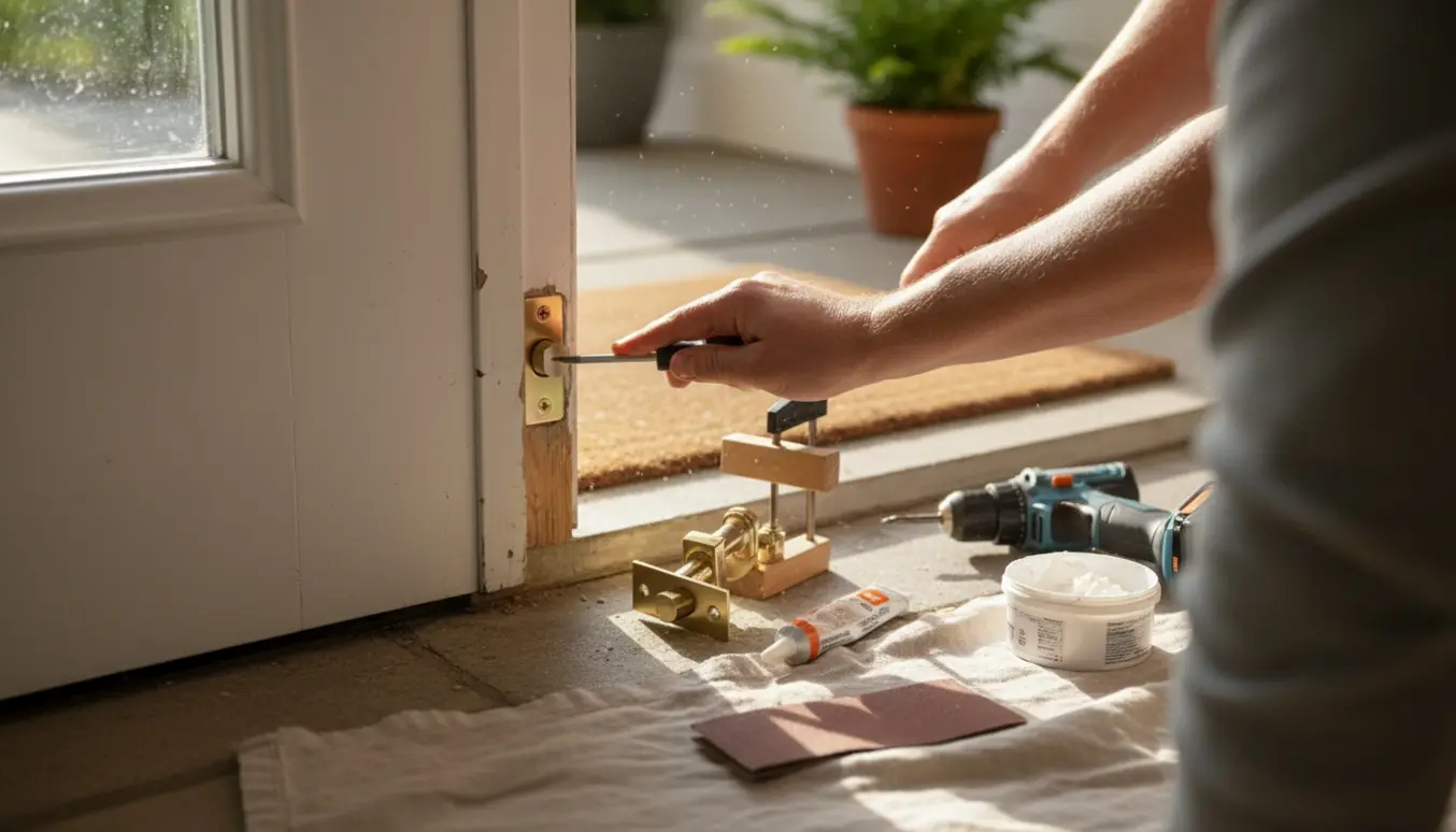 Nærbillede af hænder, der reparerer en hoveddørslås og en lille revne i dørkarmen med værktøj.