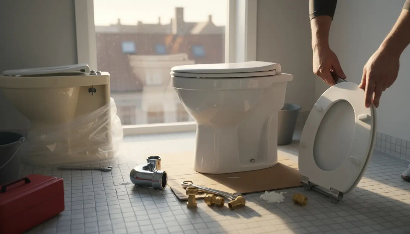 Nyt kort hvidt toilet med softclose-sæde bliver monteret i et lyst københavnsk badeværelse, håndværkerens hænder i fokus.
