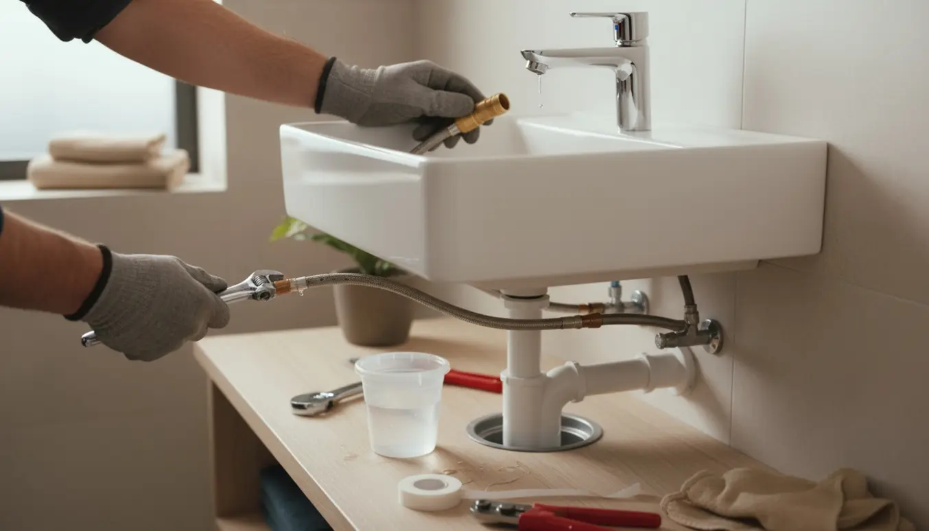 Nærbillede af hænder, der monterer nyt badeværelsesarmatur og tilslutter afløbsrør fra vask til gulv.