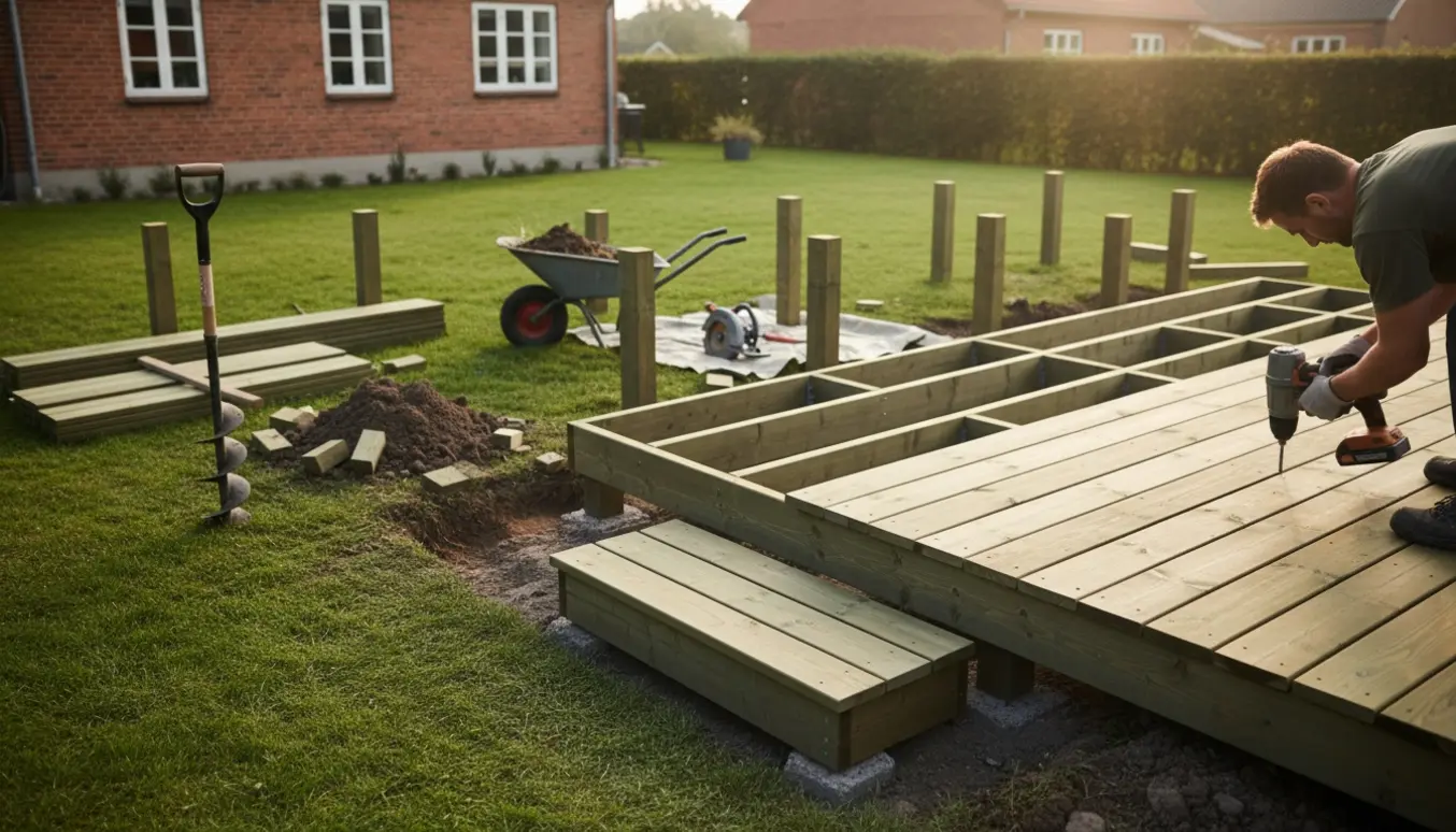 Delvist opbygget trykimprægneret terrasse med stolper i jorden, monterede strøer, et trin og værktøj i en villahave.