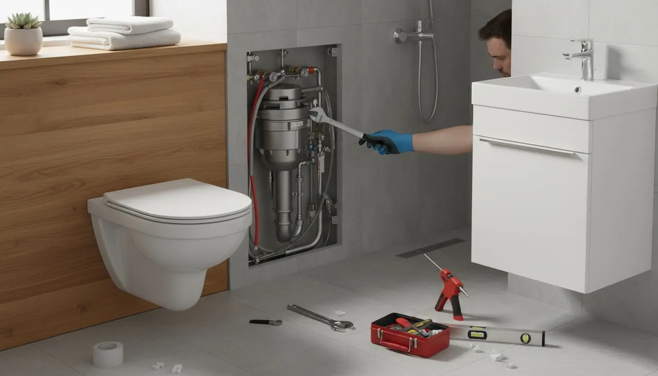 Væghængt toilet med indbygget hylde, nyt underskab og bruserarmatur under installation.