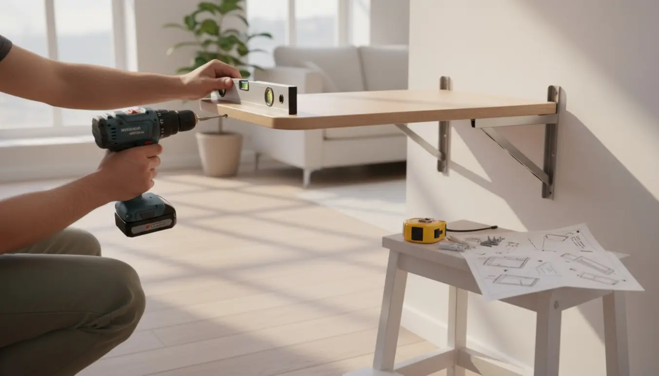 Hænder monterer et væghængt foldbart klapbord med boremaskine og vaterpas.