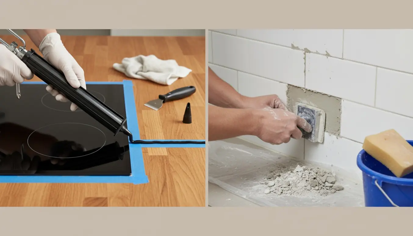 Nærbillede af hænder, der fuge en sort kogeplade og udskifter hvid fugemasse mellem fliser på et badeværelse.