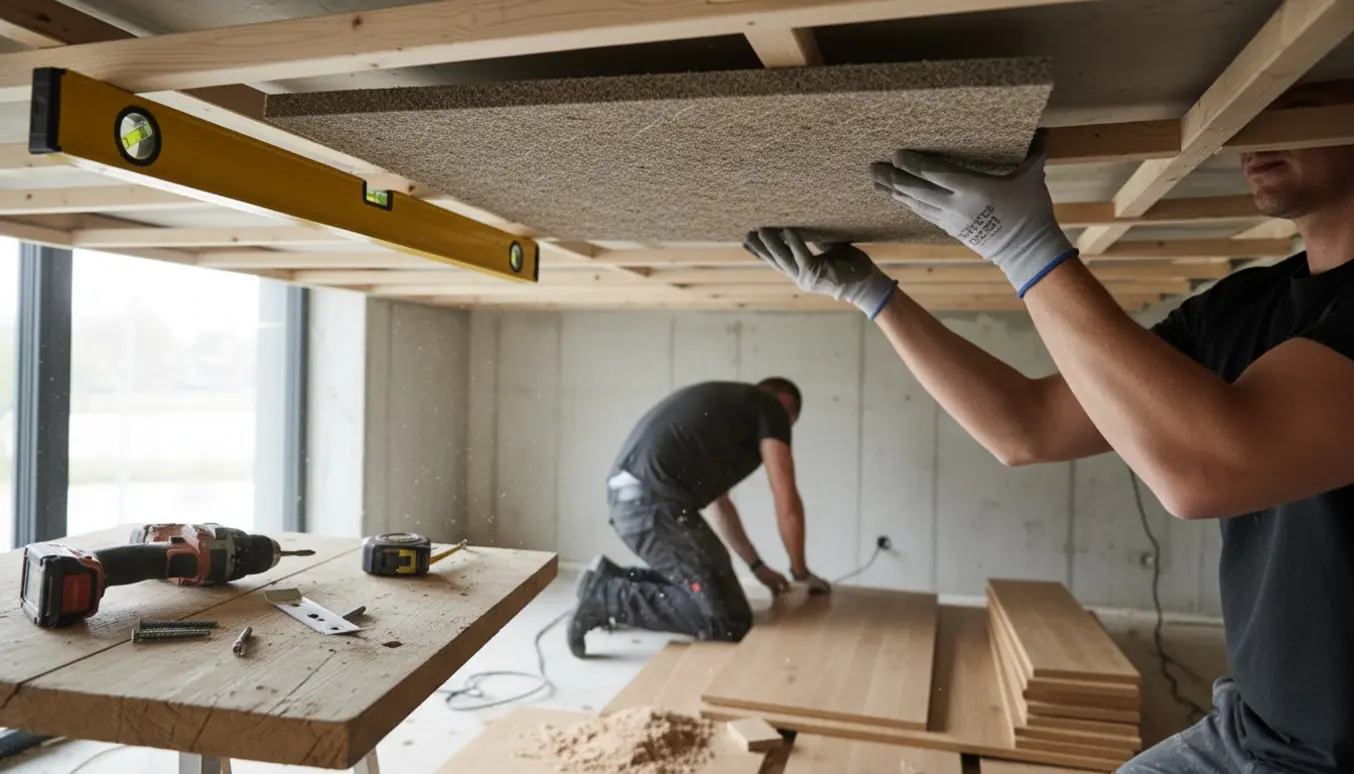 Tømrer monterer Troldtekt-paneler i et lyst rum mens gulv lægges.