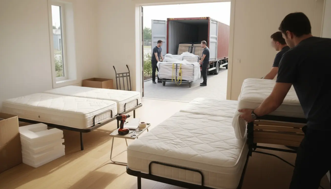 Flyttefolk bærer to almindelige senge ud til en container, mens to elevationssenge pakkes ud og samles i et lyst soveværelse.