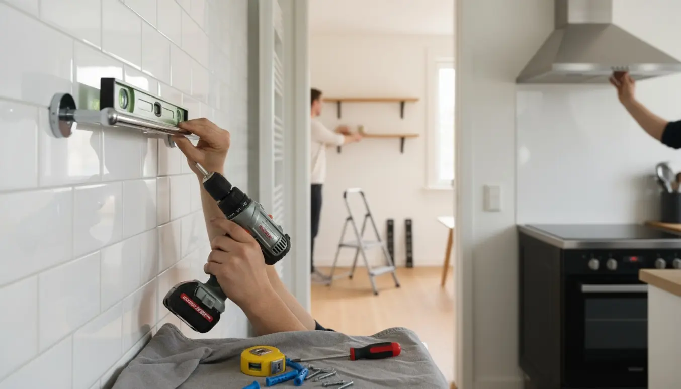 Nærbillede af hænder, der monterer en badestang i et lyst hjem med hylder i stuen og en delvist monteret emhætte i baggrunden.