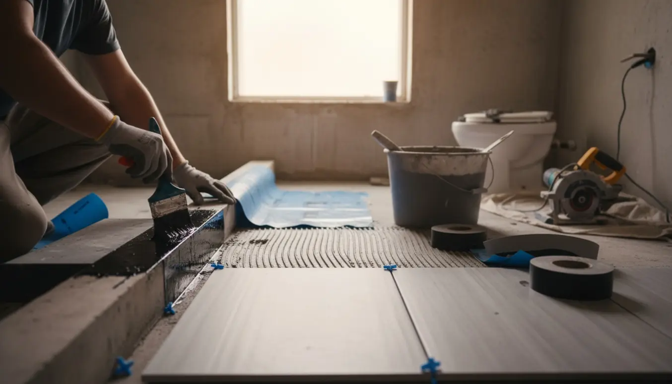 Hænder på arbejde med vådrumsmembran og lægning af fliser i et badeværelse under renovering.