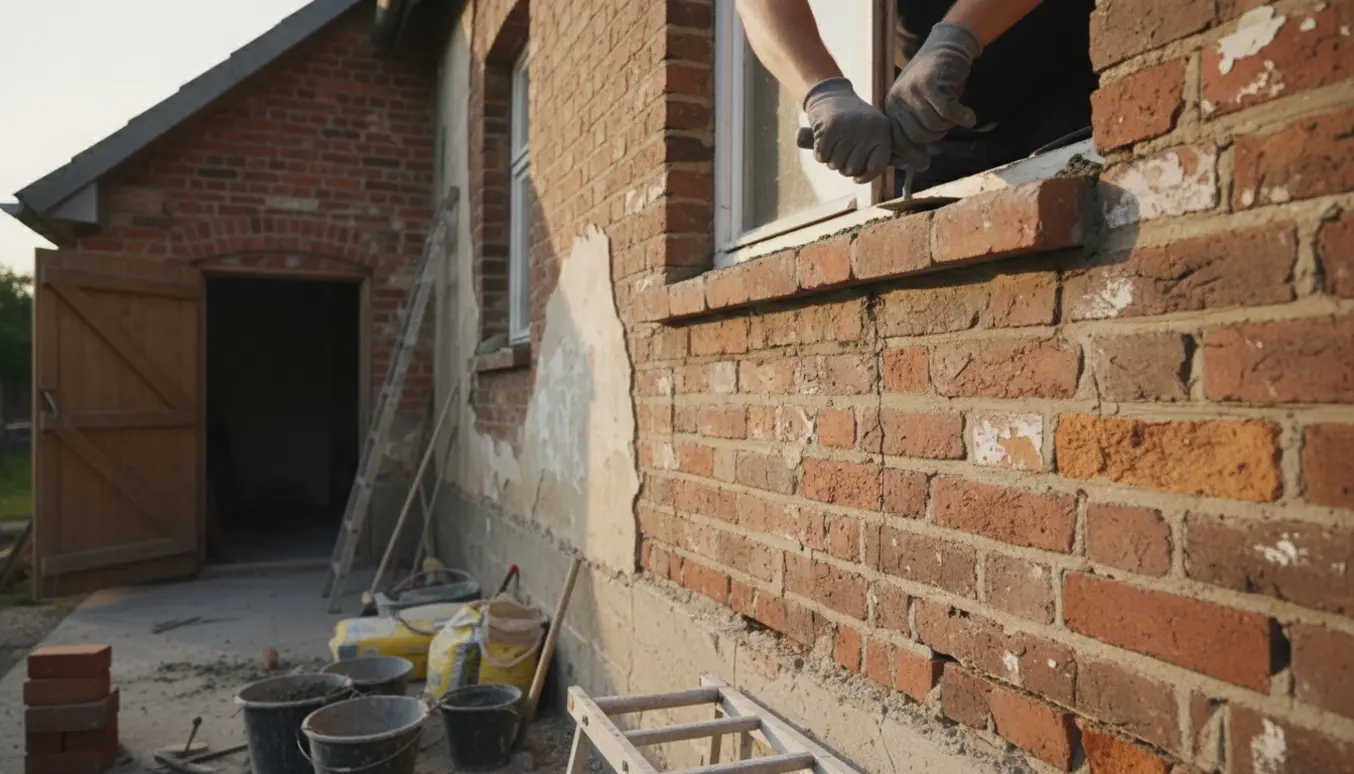 Murer arbejder på facade og åben kælderdør med korte revner i betongulvet.