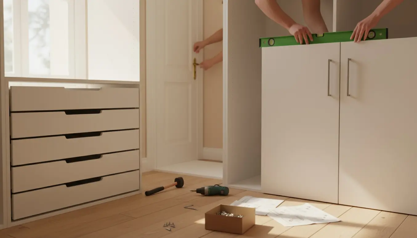 Hænder monterer skuffer og låger på to PAX-garderobeskabe og sætter et dørhåndtag på en nærliggende dør.