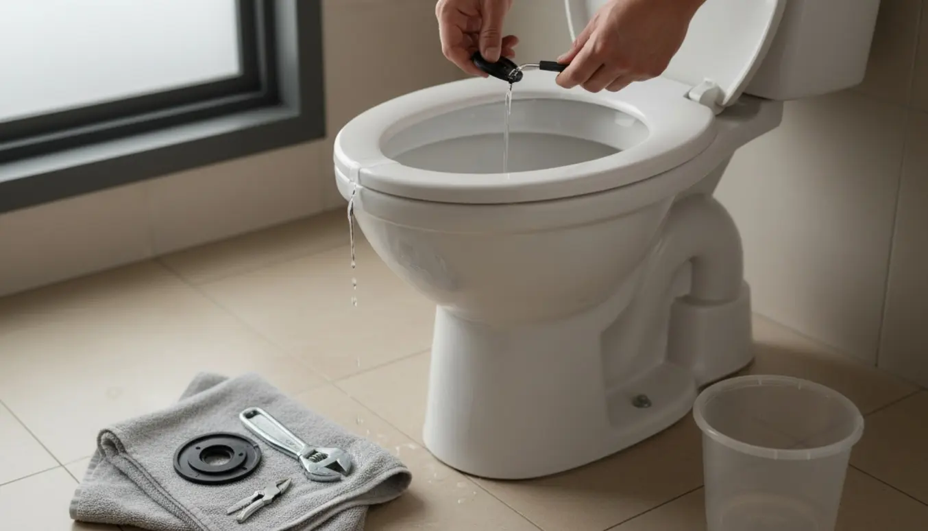 Hænder reparerer et småløbende hvidt toilet med åben cisternelåg.