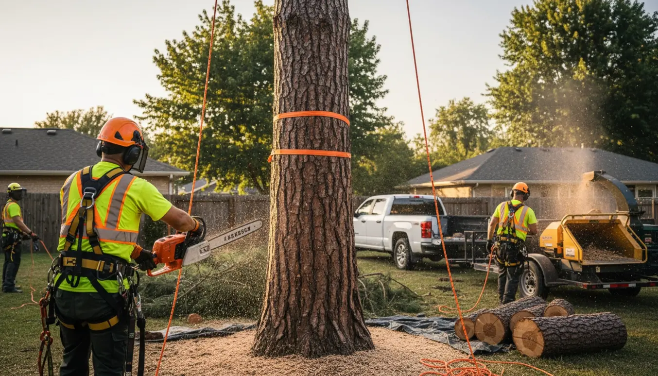 Professionel fældning og fjernelse af et højt fyrretræ i en baghave med stablede stammer og flishugger.