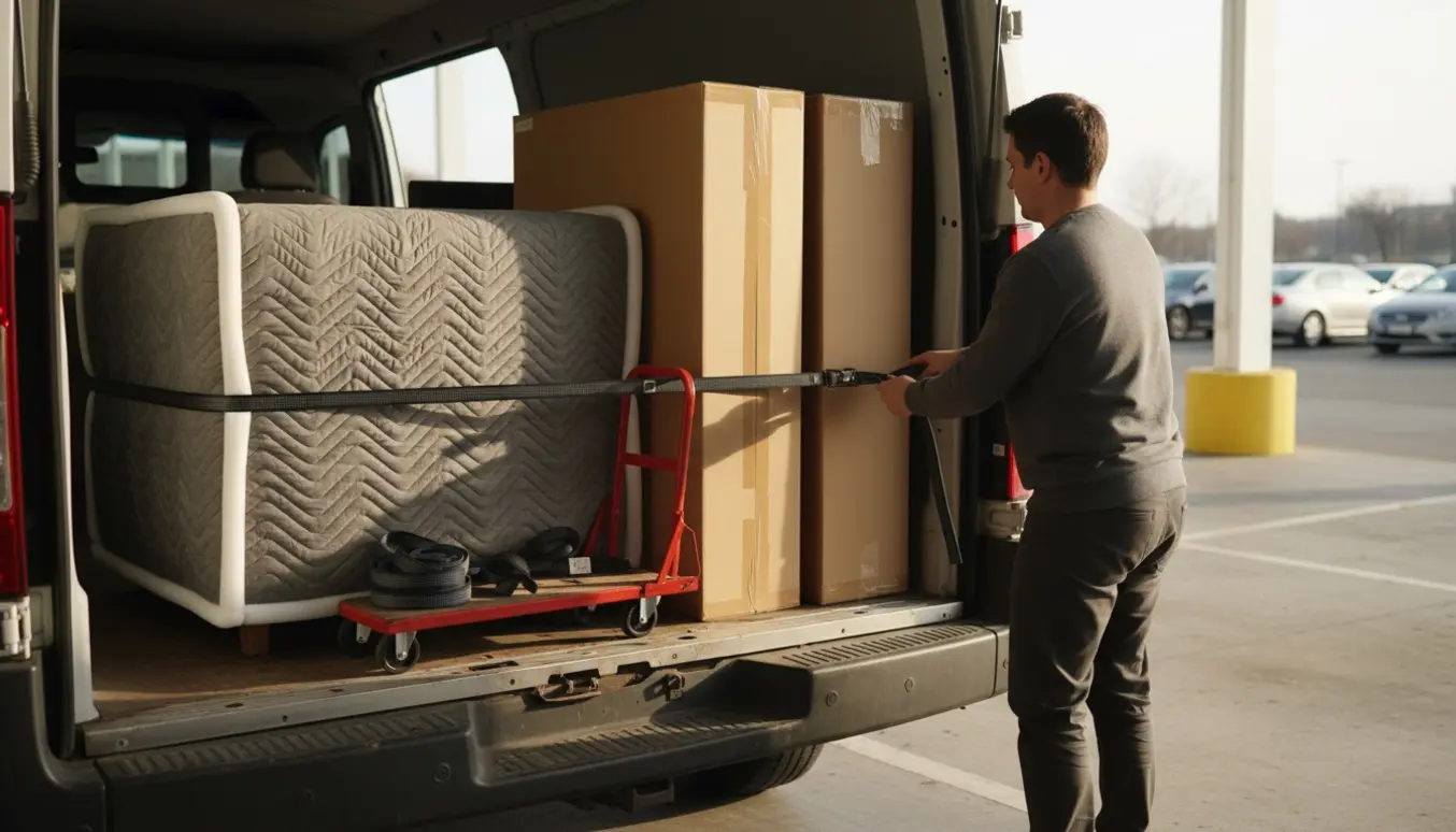 En person læsser en modulsofa og to flade skabe ind i en varebil ved afhentningsområdet.