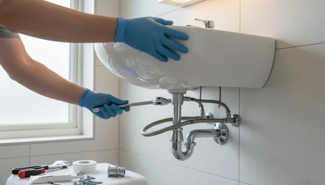 Hænder monterer en ny keramisk håndvask i et lille toilet med værktøj og tilsluttede rør.