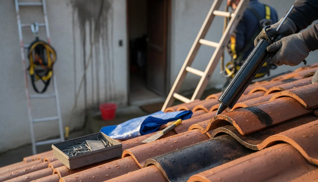 Hænder forsegler en utæt tagflise med tætningsmasse, mens våde striber ses på væggen ved indgangen.