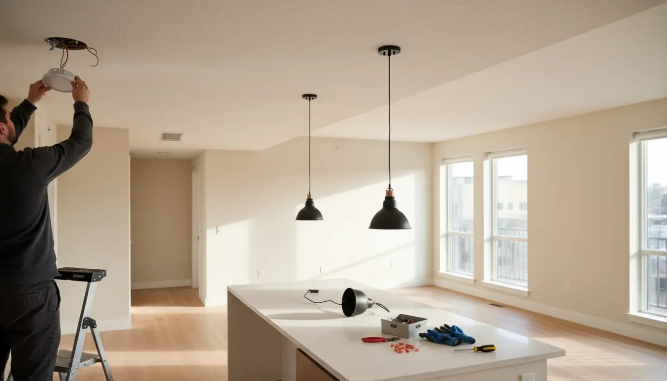 En person monterer en loftlampe i stuen, mens to pendellamper hænges op over køkkenøen i et lyst, åbent hjem.