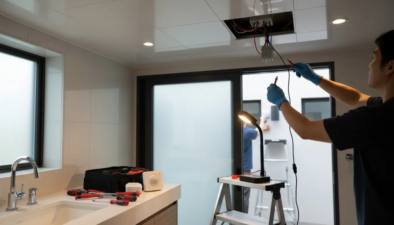 Håndværker arbejder på indbygningsspots i badeværelset med værktøj og en udendørs bevægelsessensor synlig gennem døren.