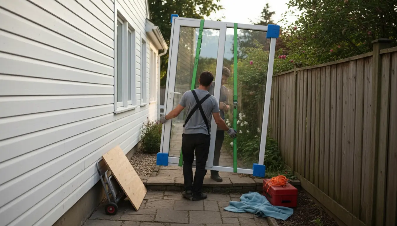 To personer bærer en stor glas terrassedør langs siden af et hus mod haven.
