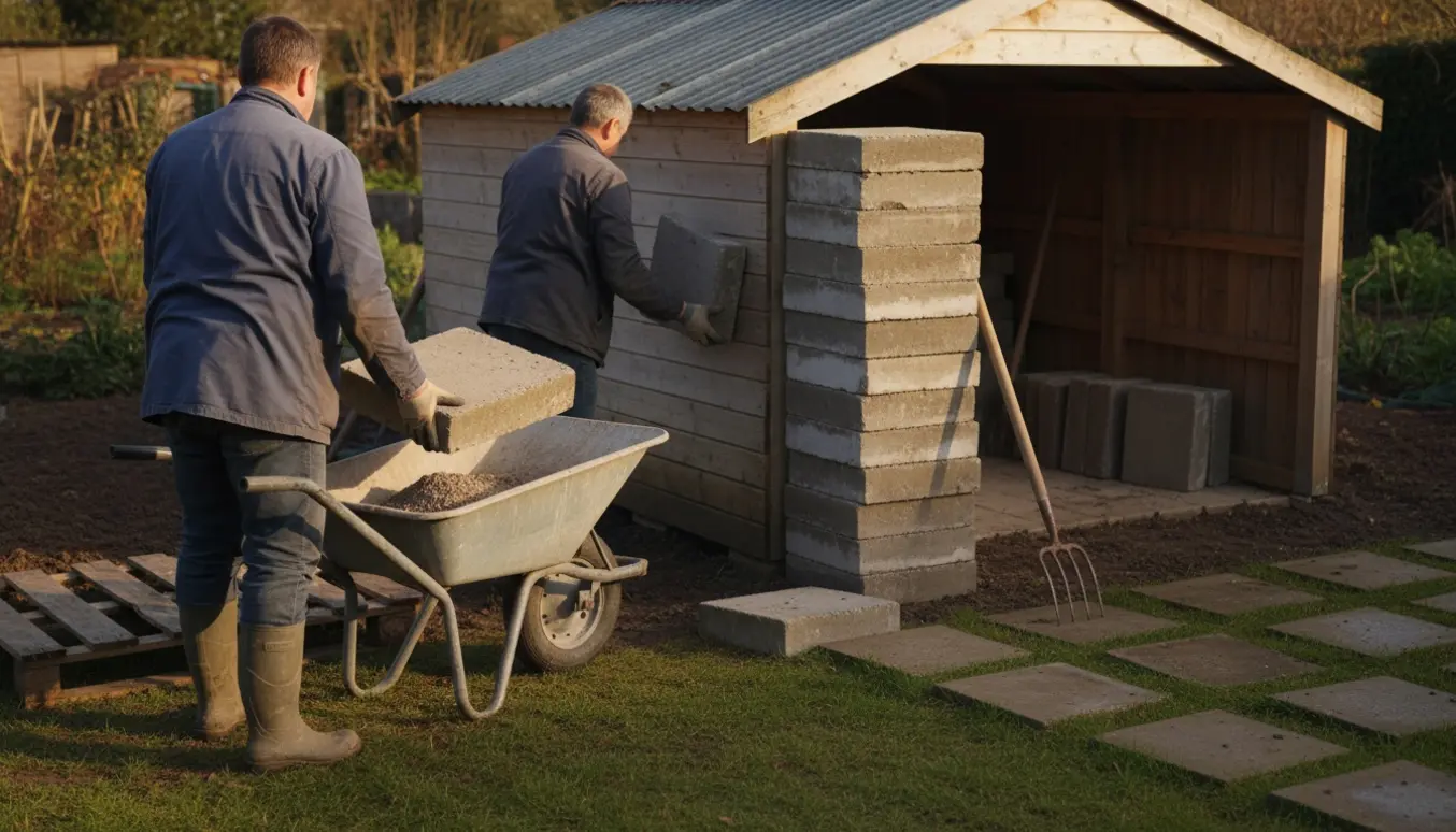 Arbejde i haven med store betonfliser, der bæres og stables i skurets åbne og overdækkede del.