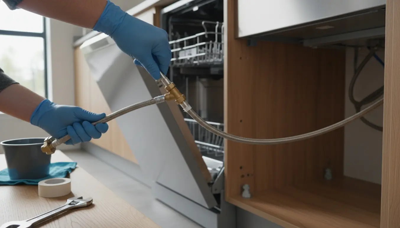 Hænder forbinder en fleksibel vandslange til en synlig ballofix under et køkkenskab klar til opvaskemaskineinstallation.