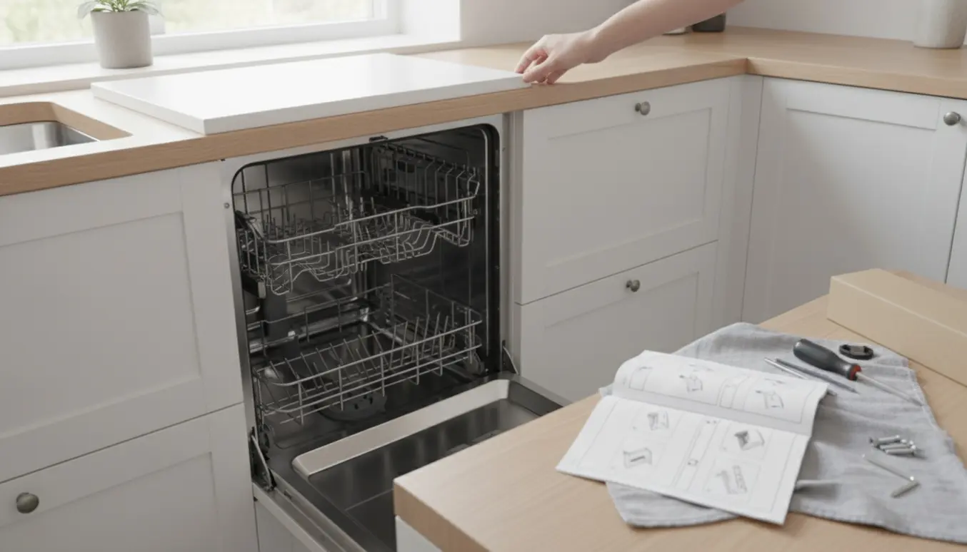 Ny opvaskemaskinedør ved siden af en indbygget maskine med monteringsvejledning og værktøj i et lyst køkken.
