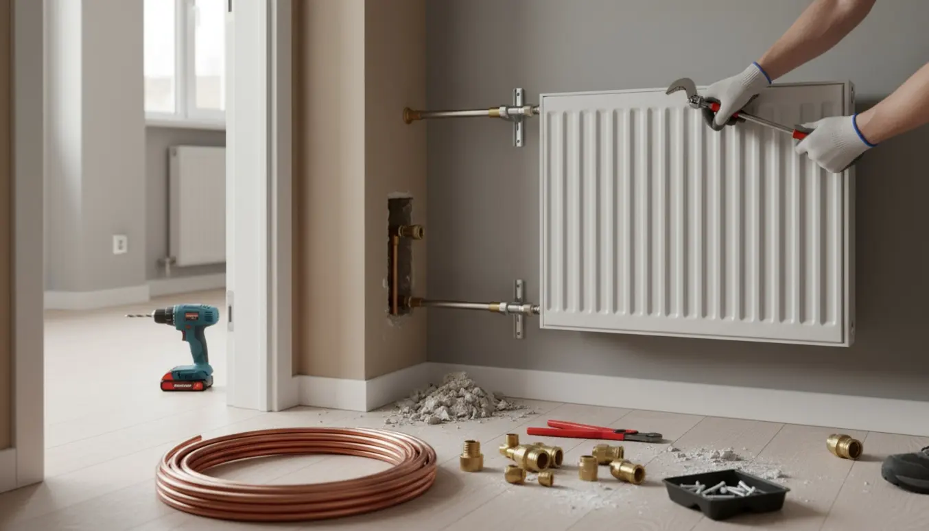 Ny hvide radiator monteres i et lille rum med rør trukket gennem en mur og værktøj lagt frem.