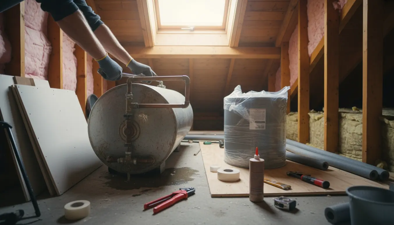 Varmtvandsbeholder i skunk klar til udskiftning med værktøj og fjernet vægbeklædning.