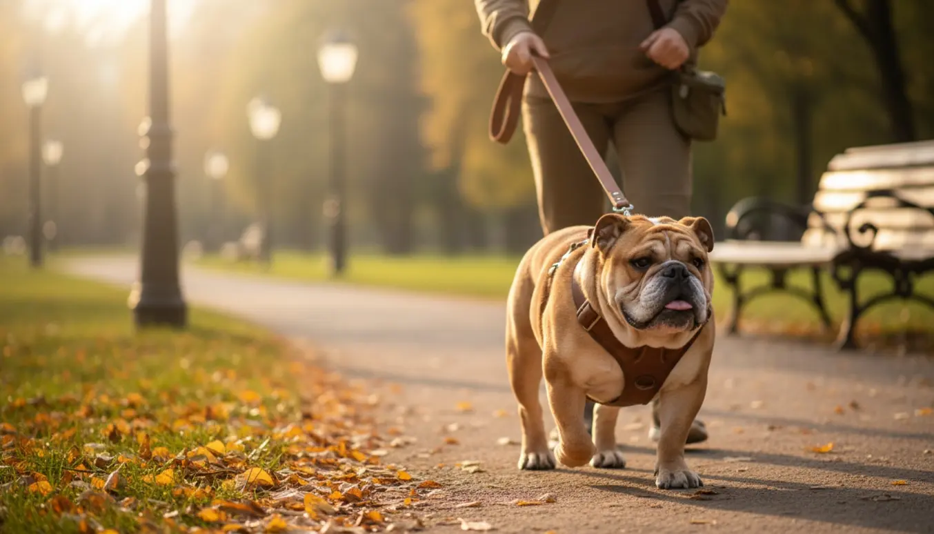 En stor bulldog går i snor i en park om morgenen, mens ejeren holder linen.